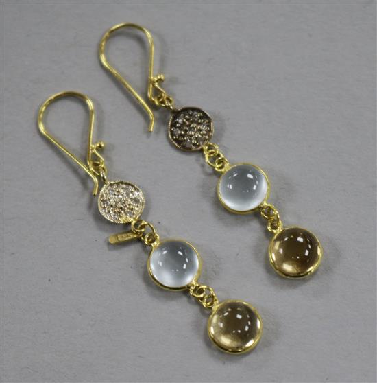 A pair of 14ct gold, moonstone and citrine drop earrings, 30mm.